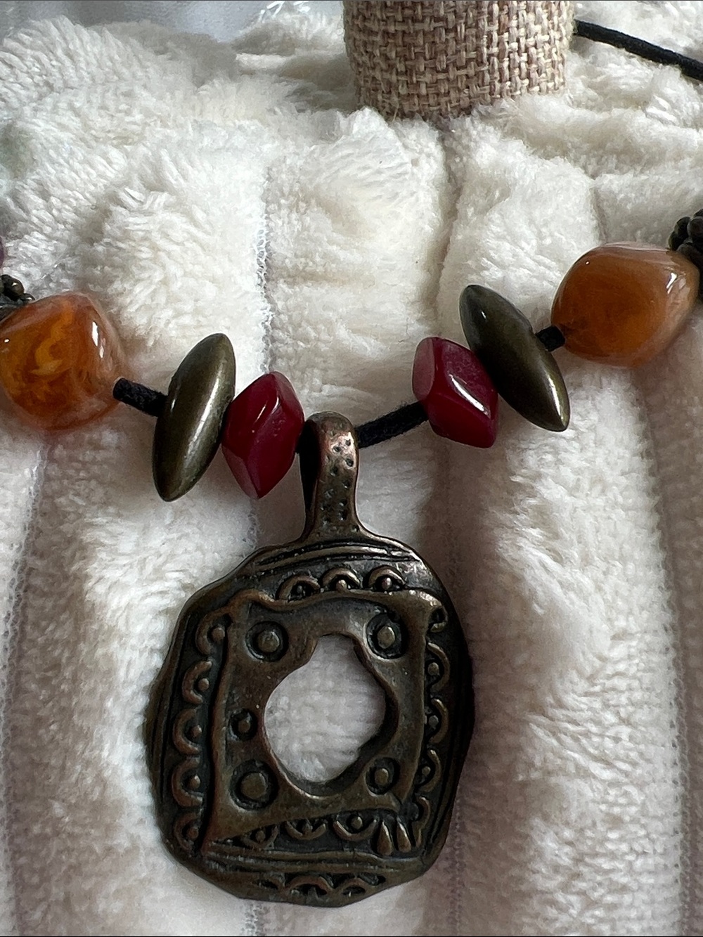 Handcrafted Boho Bronze Pendant Necklace with Amber and Burgundy Beads